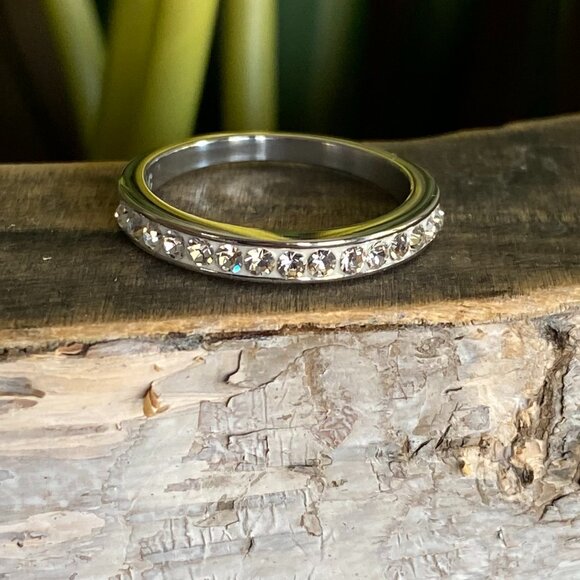 Crystal Semi Eternity Ring Rhodium Plated - Picture 1 of 6